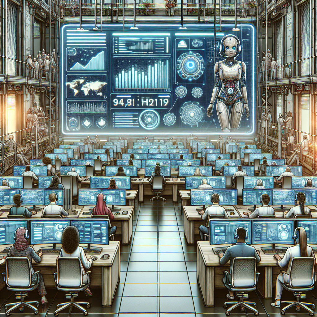 An illustration depicting a call center furnished with AI-enabled equipment