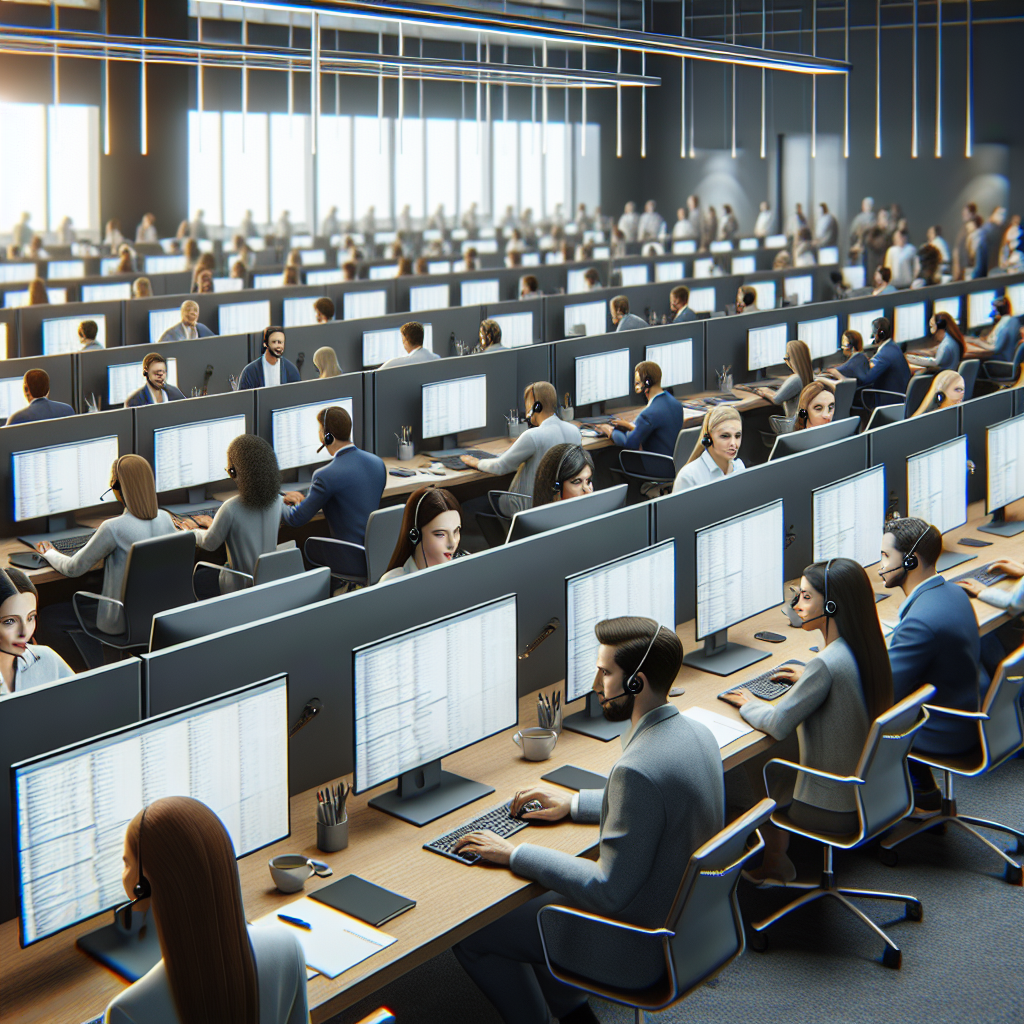 Large telecom center with multiple agents working on computers