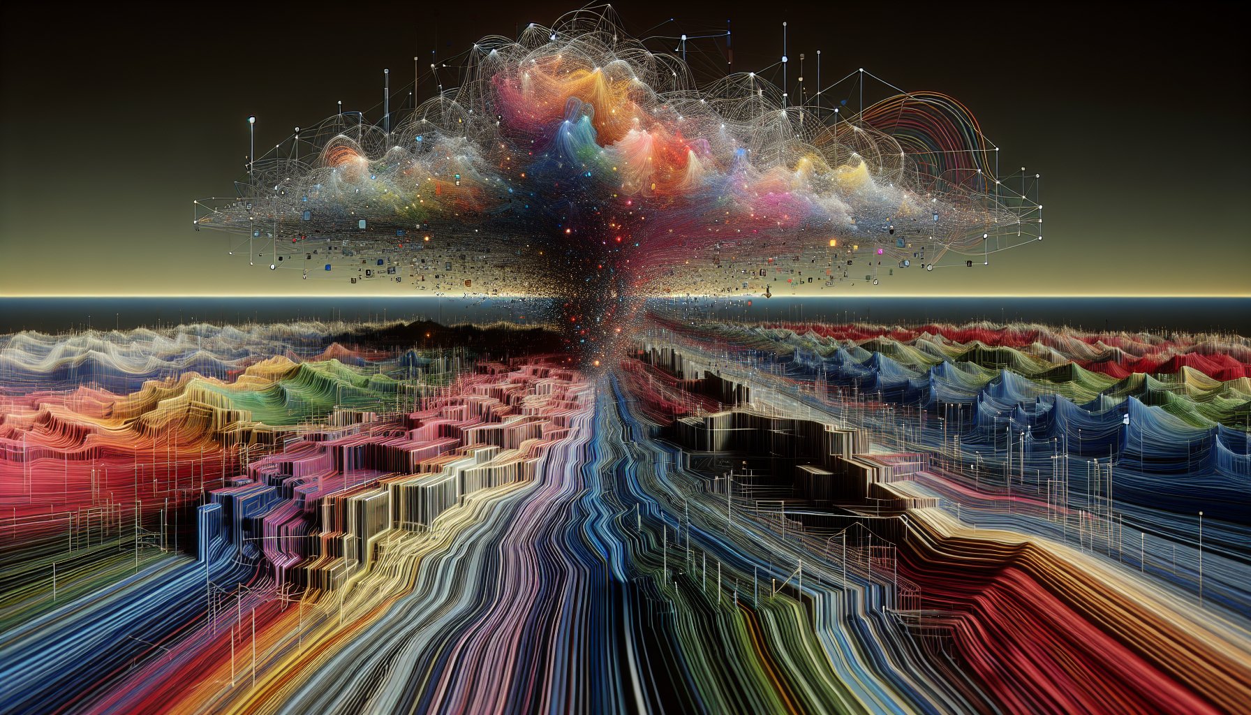 An abstract image showing various call signals being redirected by a digital AI interface