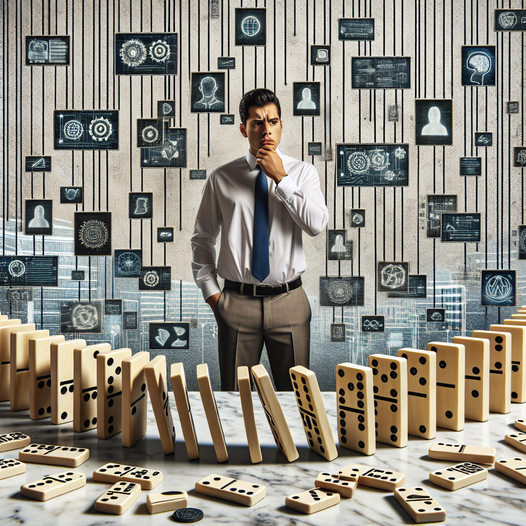 An image depicting a confused businessman looking at a line of dominos in disarray, representing the challenges in implementing AI for call transfer systems.