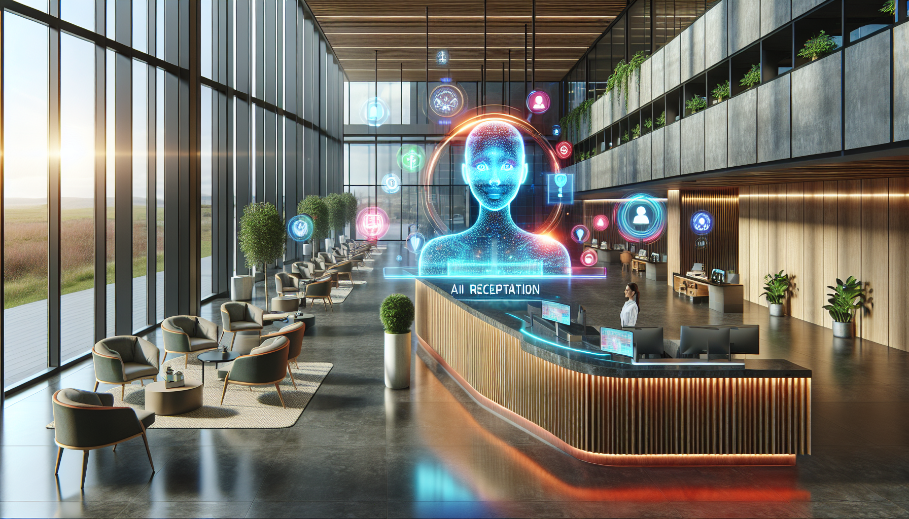 An image of an AI receptionist represented by an interactive screen in a modern business setting