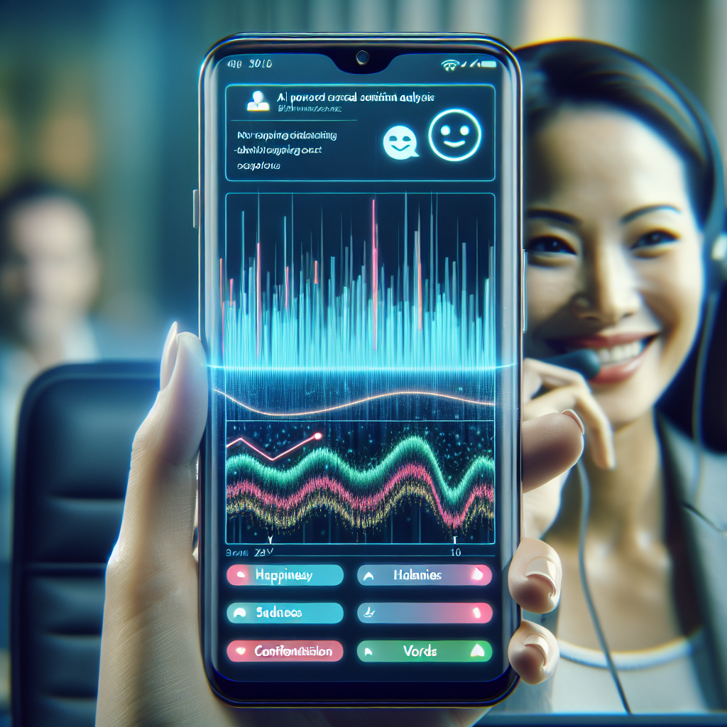 A renditional image to display AI-powered sentiment analysis integrated into phone-based customer service.