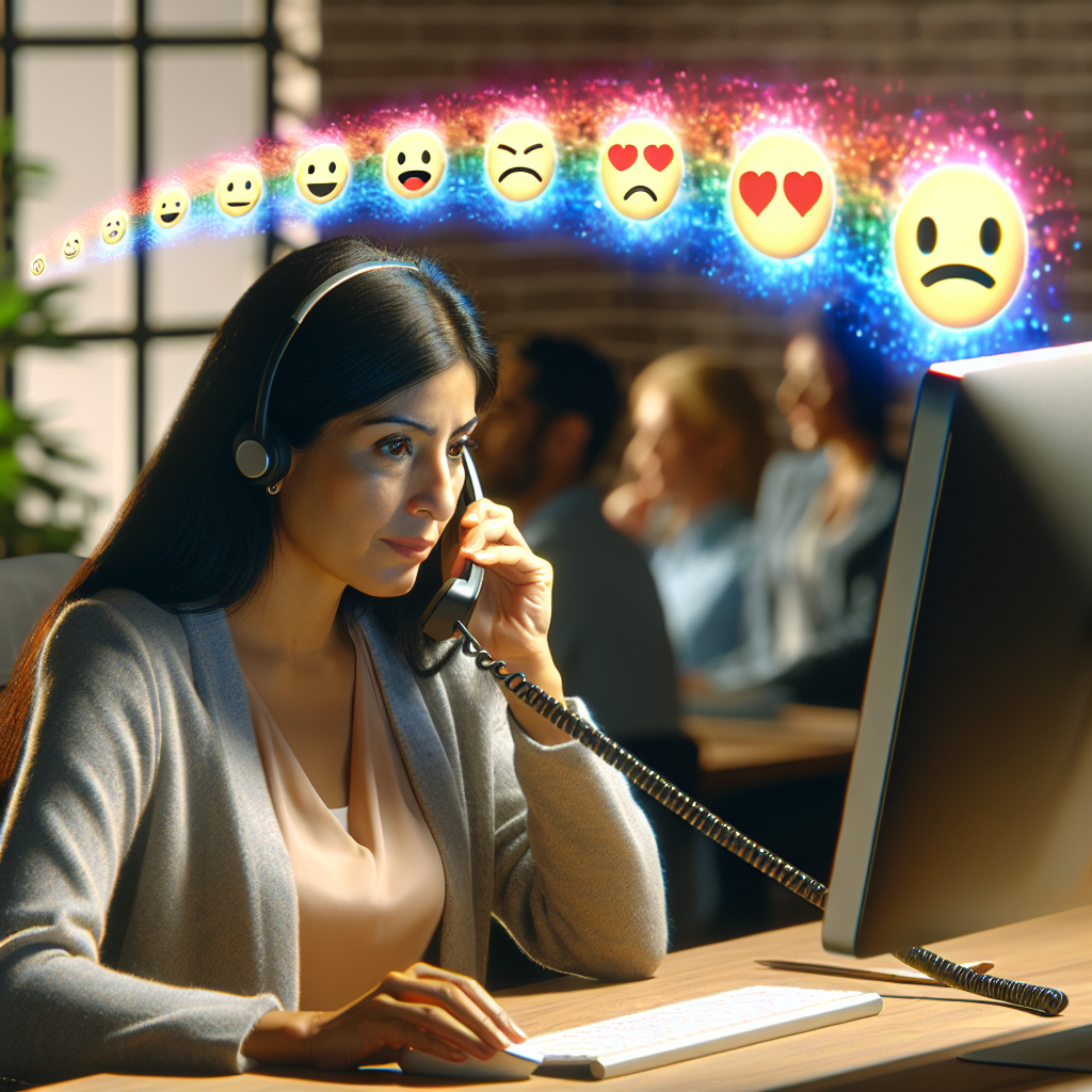 An image depicting a customer service representative speaking to a client over the phone, with emoticons on the screen showing change in customer sentiment in real-time