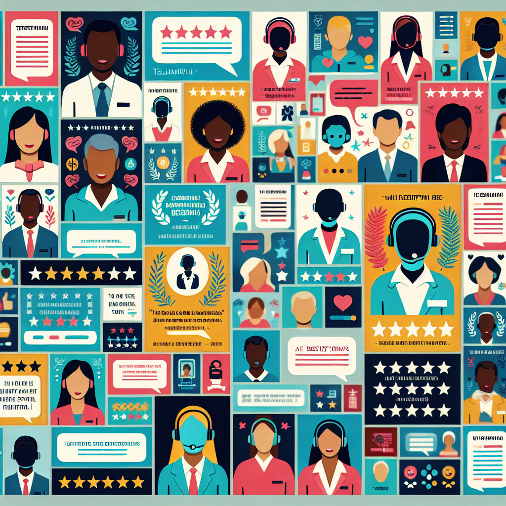 A collage featuring a variety of testimonial formats (quote cards, video screenshots, banner snippets) for AI receptionists.