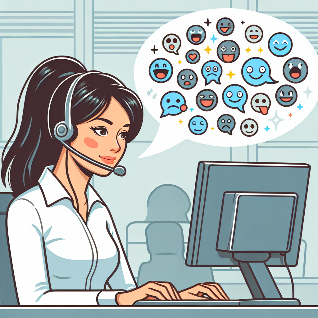 An illustration showing a customer service representative with a headset on, with speech bubbles containing emoticons to represent different emotions being detected