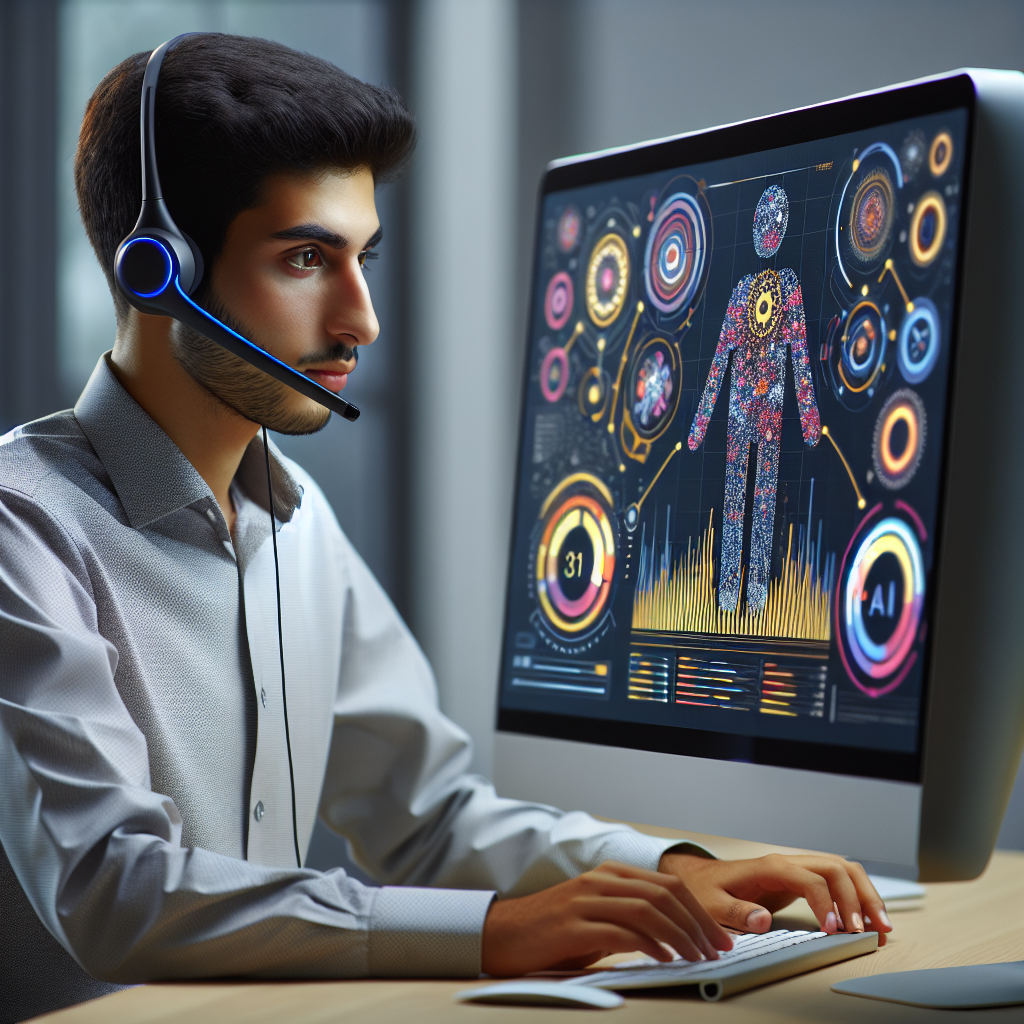 An innovative customer service representative using a headset and computer with AI detecting customer emotions on the screen.
