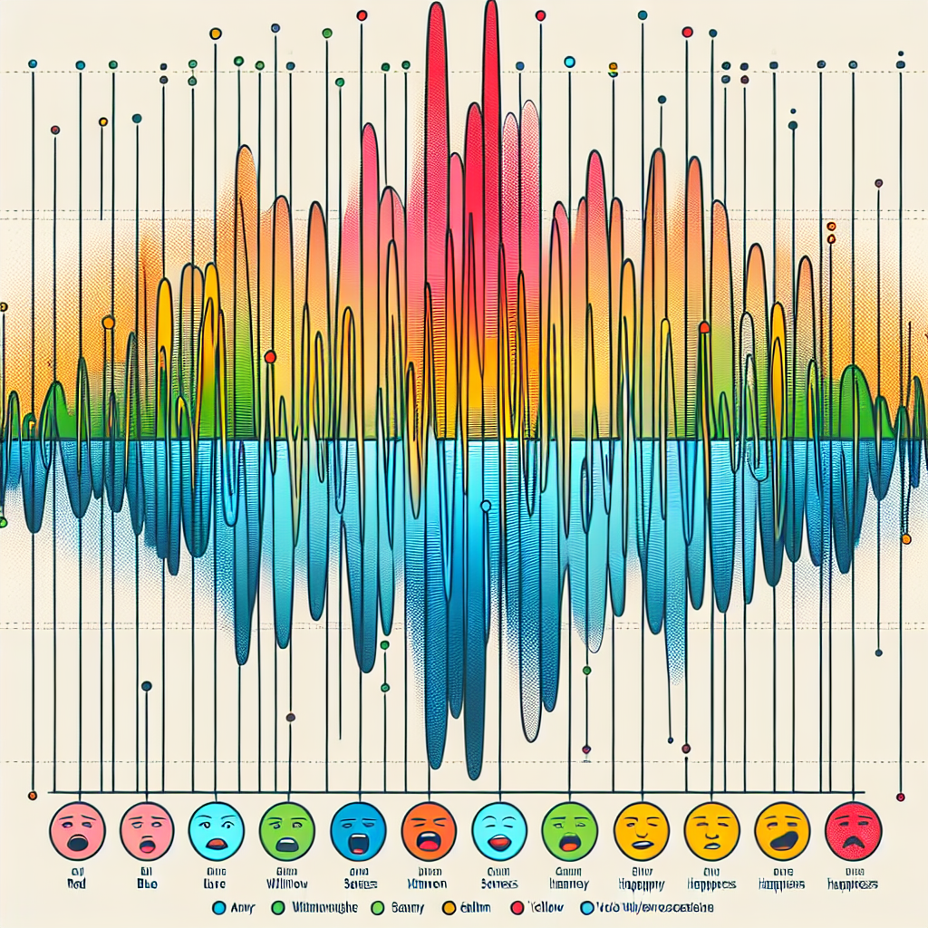 An illustrative image showing voice wavelengths and different colored markers indicating various emotions