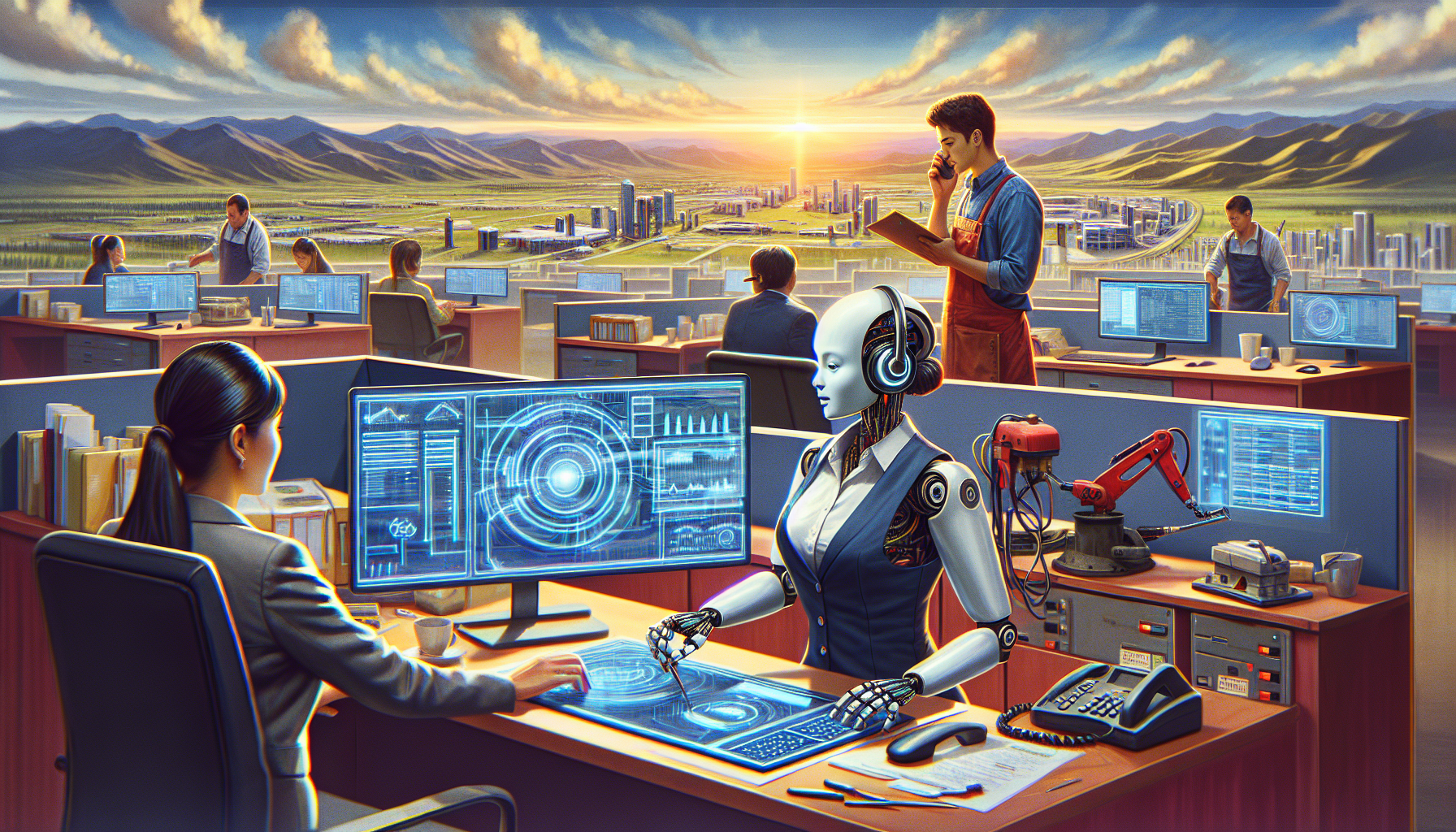 An office setting showcasing an AI receptionist at work with a plumber or electrician.