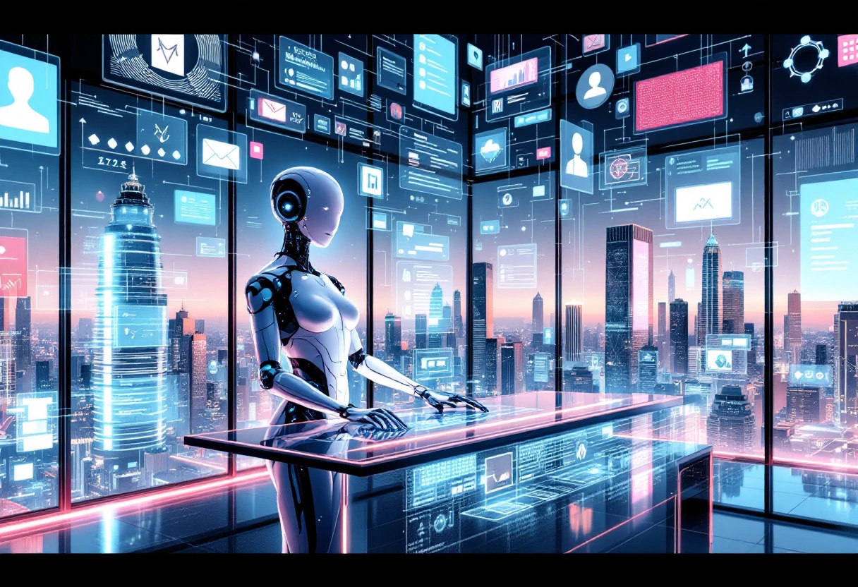 An illustration showing a seamless interaction between an AI reception system and different business platforms