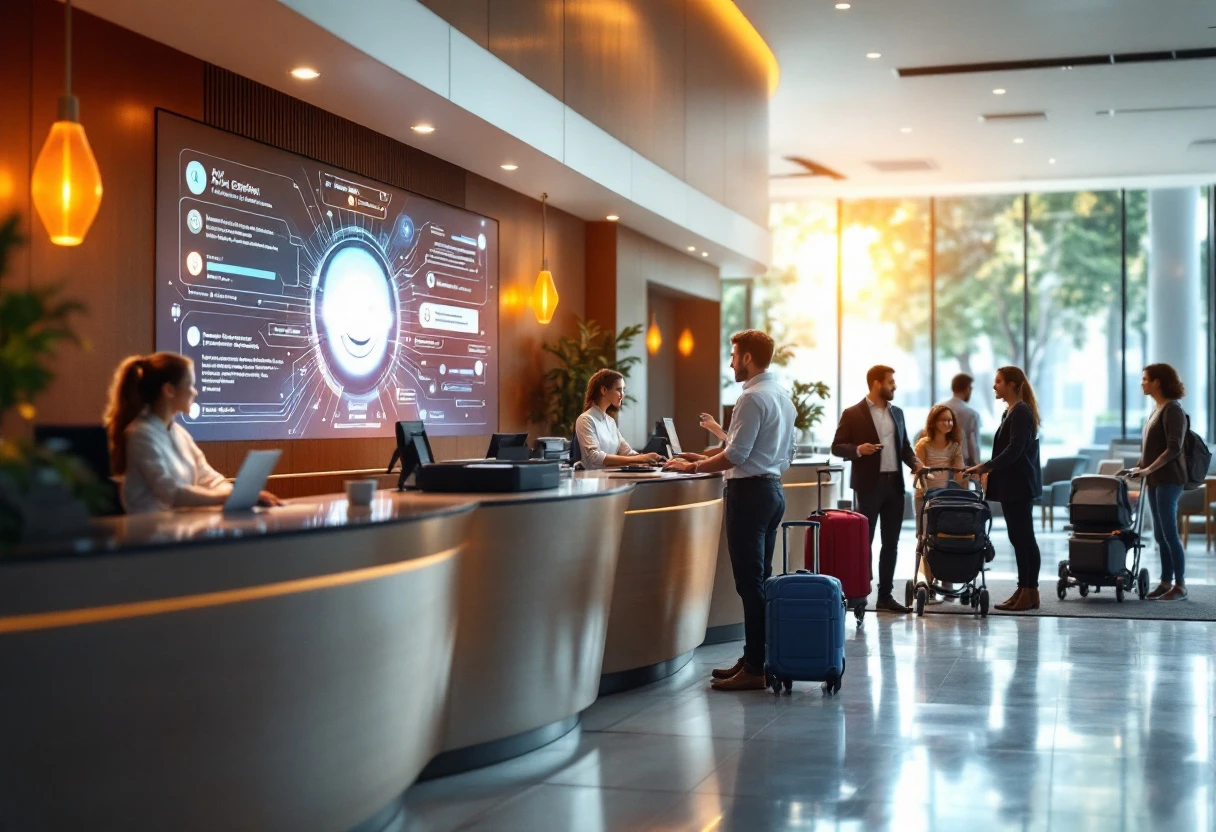 A busy hotel front desk during peak hours with an AI receptionist interface prominently displayed, showcasing seamless customer interaction.