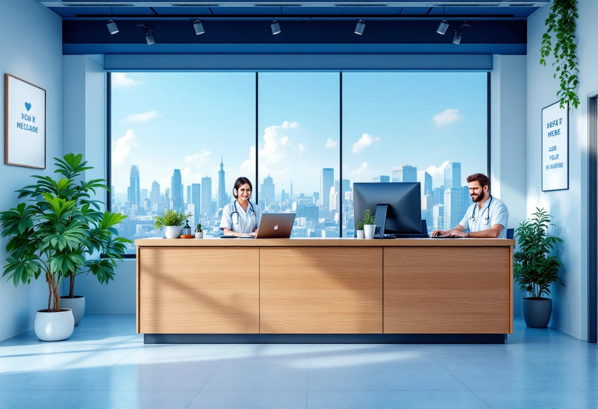 A busy healthcare reception area with staff using advanced phone systems to serve patients efficiently.