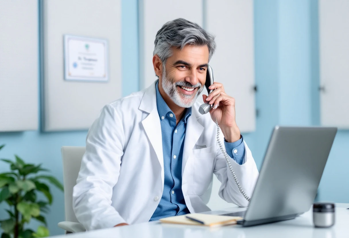 A healthcare professional on a phone call in a secure office environment, illustrating the importance of privacy and compliance in communication.