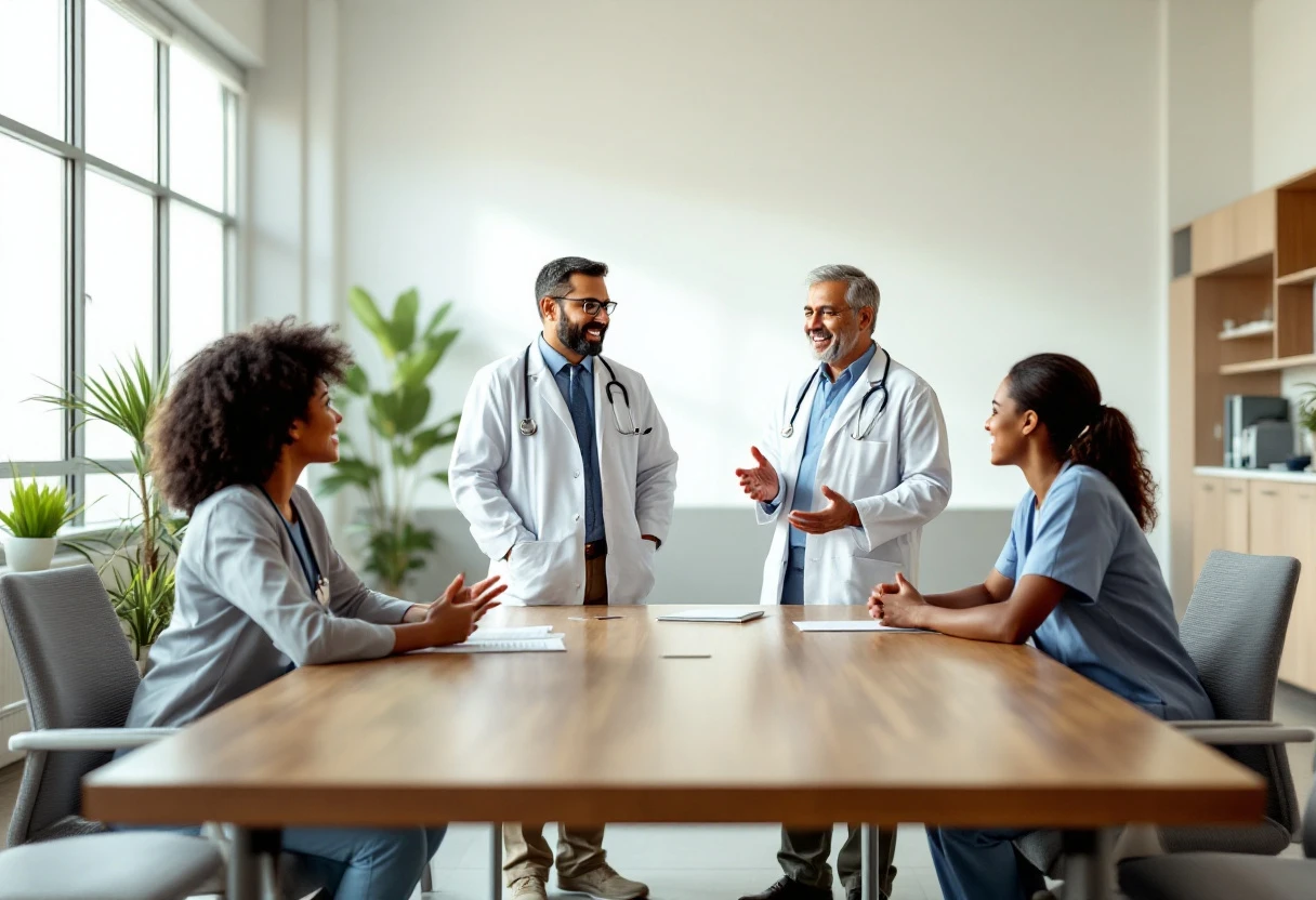 A team of healthcare professionals discussing the benefits of AI-powered communication tools in their clinic.