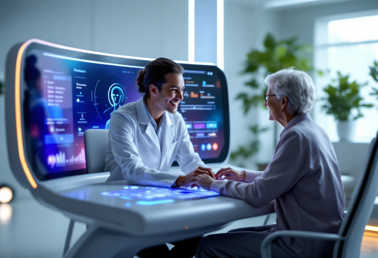 An image of an AI-driven customer service device in a healthcare setting, showcasing a healthcare worker effectively communicating with a patient through a high-tech interface.