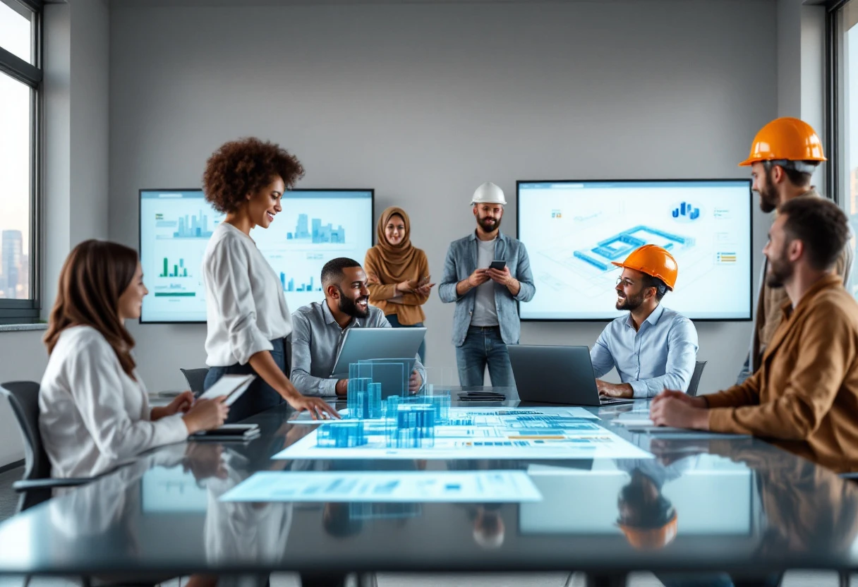 Image showing a diverse team in a modern office environment, discussing strategies while using tech devices, emphasizing collaboration and communication in the construction industry.