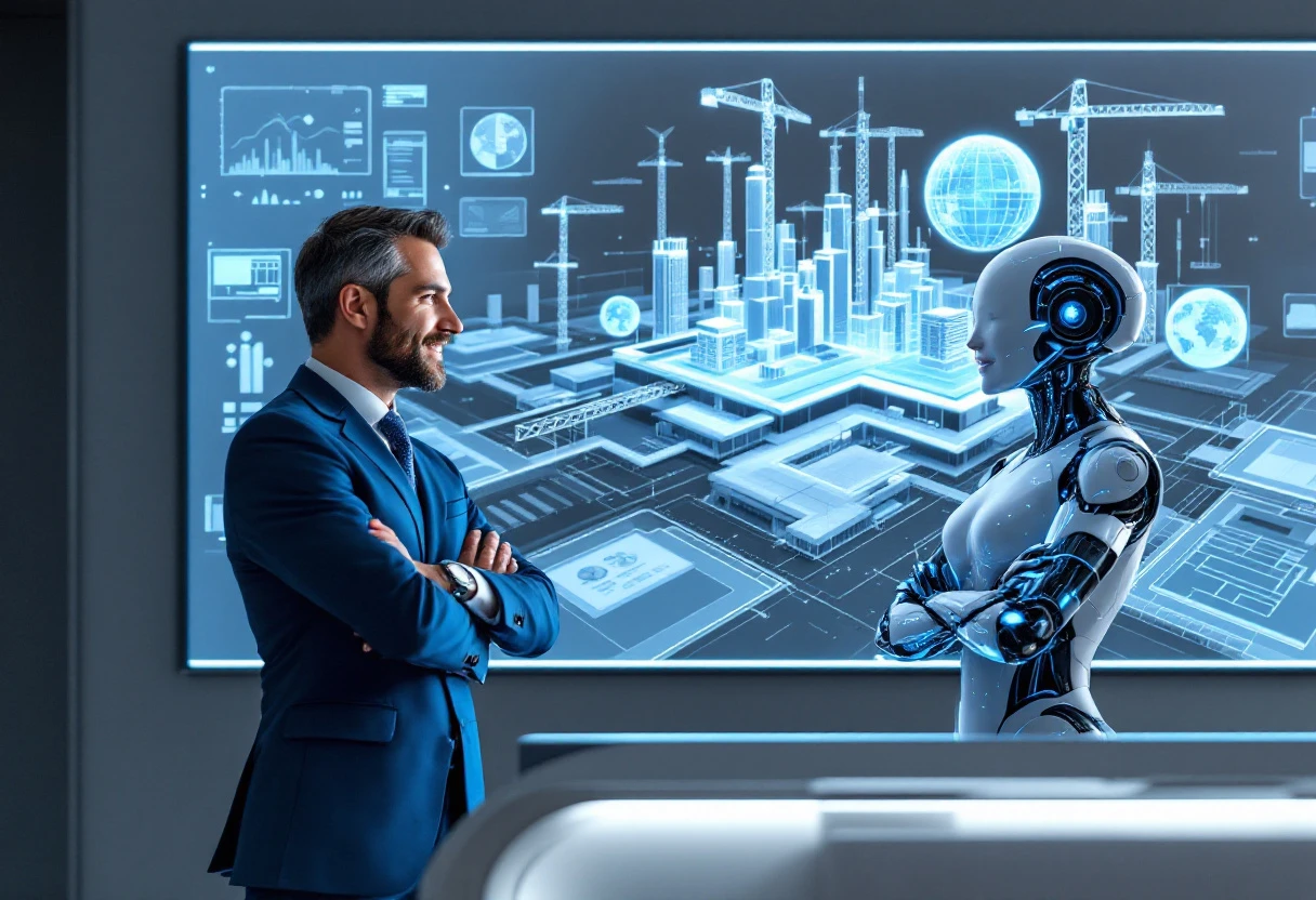 An image depicting a construction manager interacting with an AI receptionist on a sleek digital interface, with blueprints and construction plans in the background.