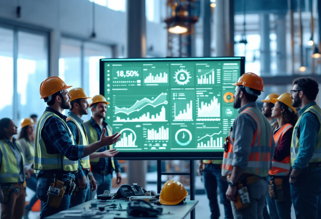 A vibrant image showing a diverse construction team engaged in a training session, with a digital interface displaying phone system analytics in the background.