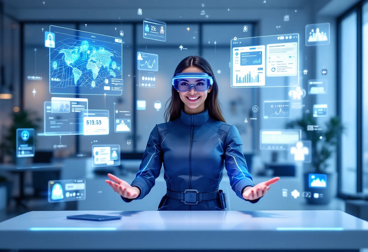 A creative image showcasing a virtual receptionist interacting with multiple devices, symbolizing advanced communication efficiency and customer service.