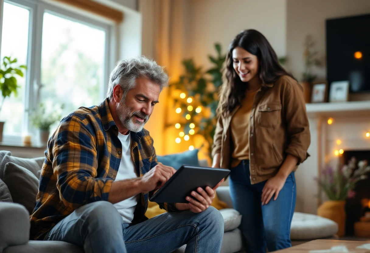 A technician checking a digital scheduling tool while interacting with customers in a warm home setting.