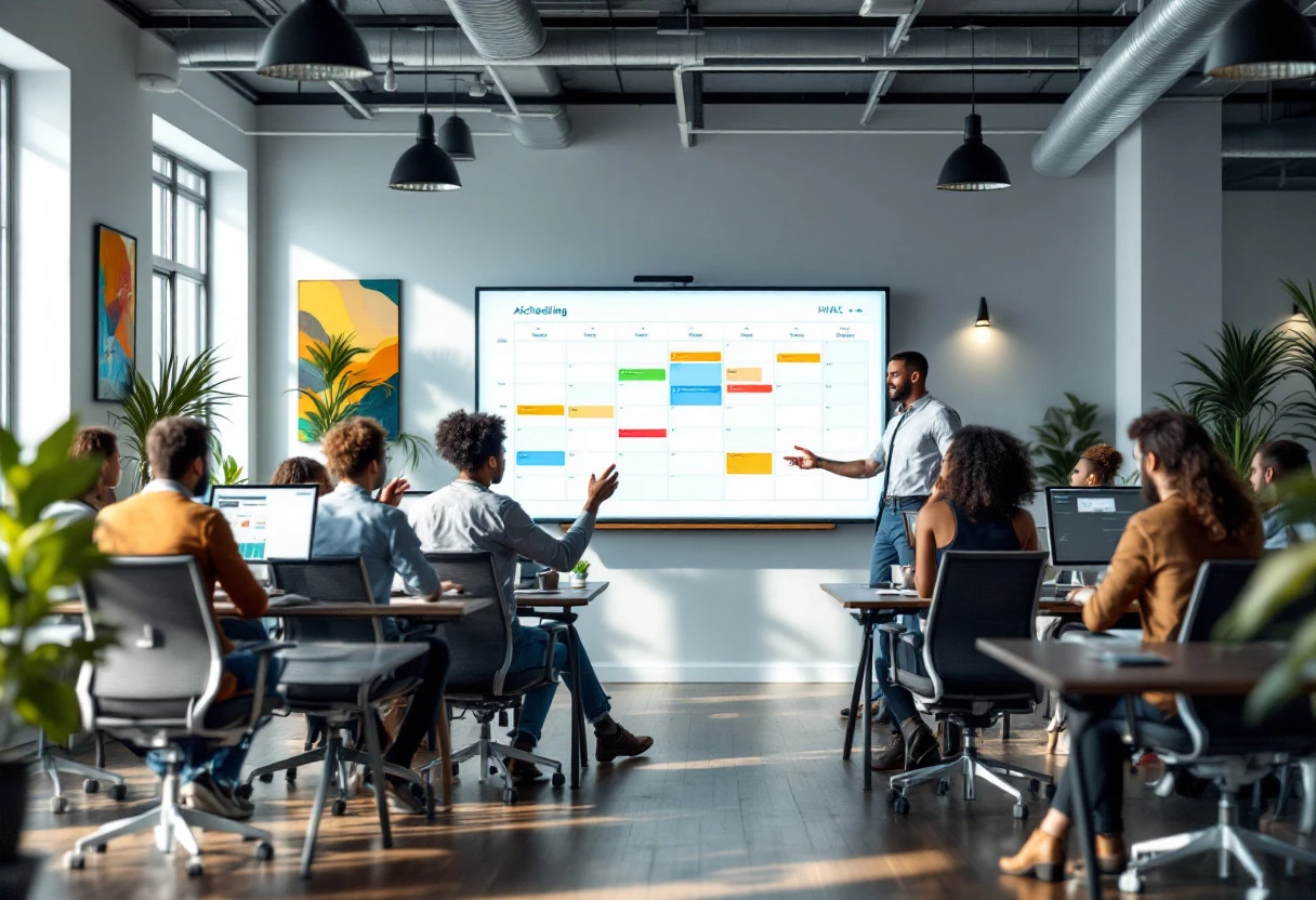 A vibrant office setting showcasing employees using AI scheduling tools for efficient HVAC appointment management