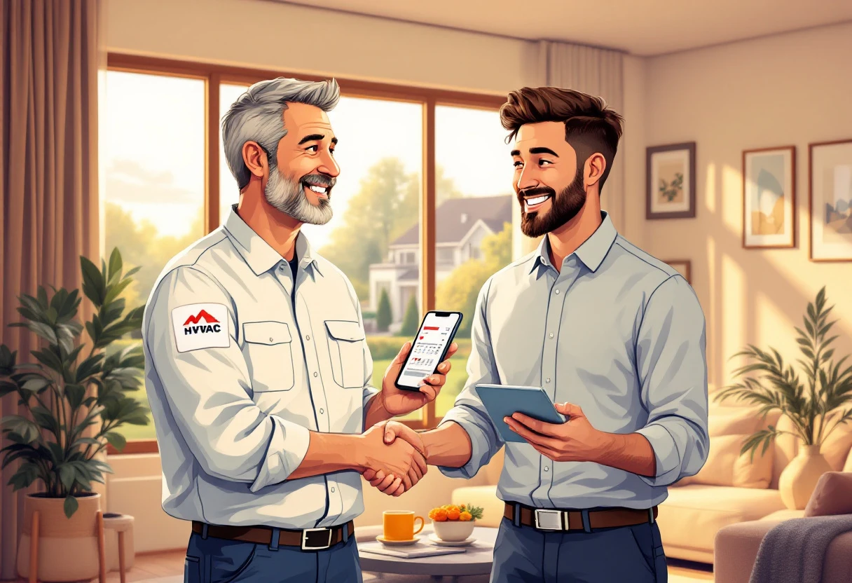 An aesthetically pleasing graphic showing an HVAC technician engaging with a happy customer, highlighting the integration of technology in service scheduling.
