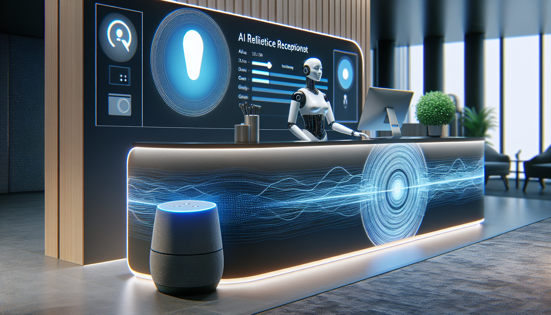 An image showcasing a visual representation of an AI receptionist – perhaps a device like Alexa or Google Home, or a graphic of an AI persona at a virtual reception desk.
