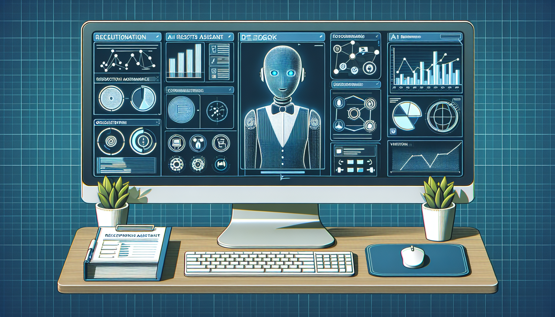 An AI receptionist assistant on a computer screen showing its digital efficiency in managing business operations