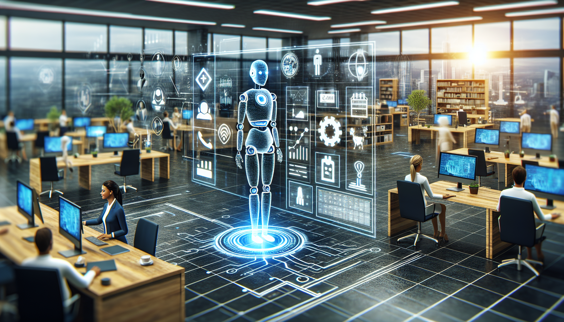 A graphic representation of an AI receptionist interacting with different business tools