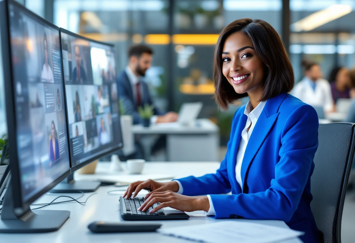 A creative illustration of an AI receptionist assisting multiple customers across various industries, depicting seamless multitasking with vibrant colors and a modern feel.