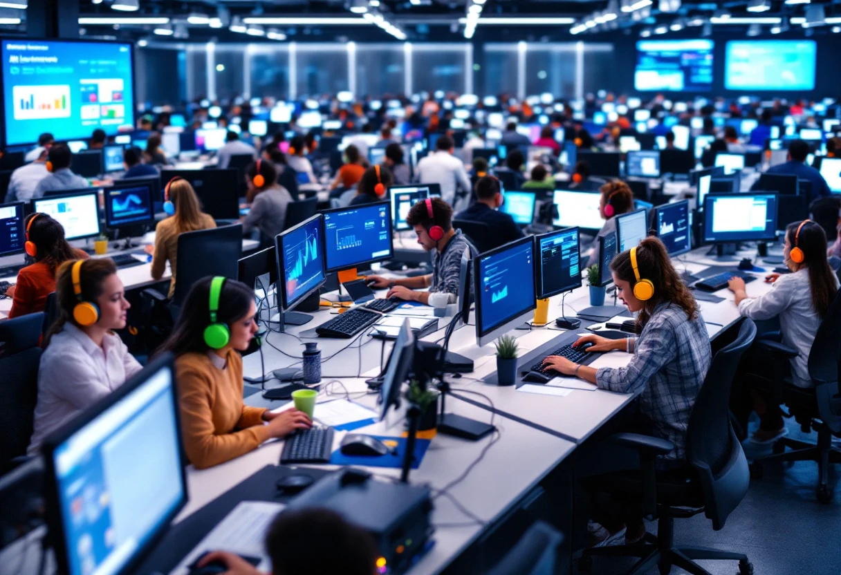 An illustration showing a busy call center environment with agents efficiently handling calls and using AI tools for analytics and communication.