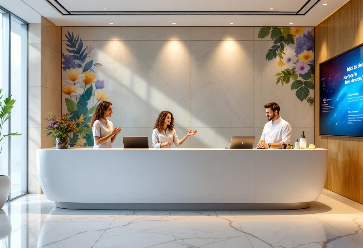 A vibrant and welcoming reception area with staff engaging with clients, reflecting the seamless integration of technology and customer service.