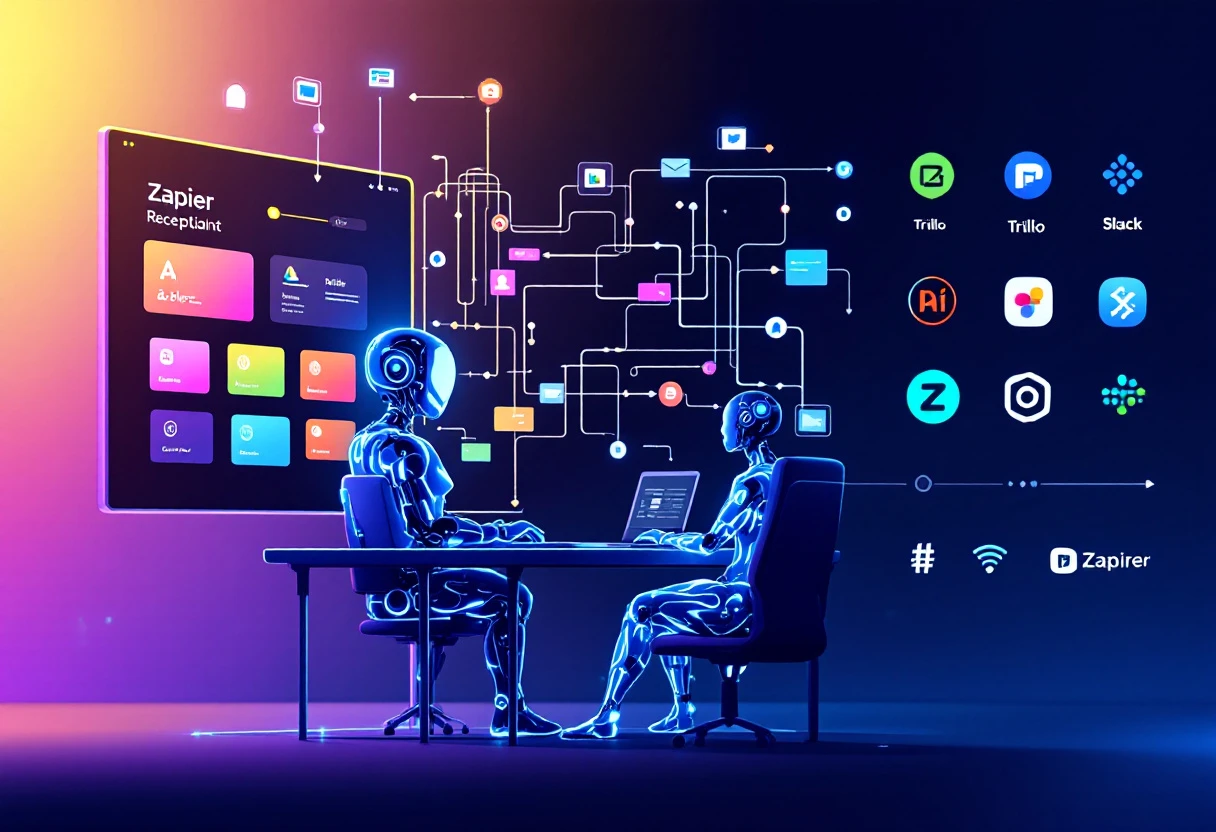 An infographic illustrating the flow of data between the AI receptionist and other tools through Zapier, highlighting how automated systems connect for enhanced productivity.