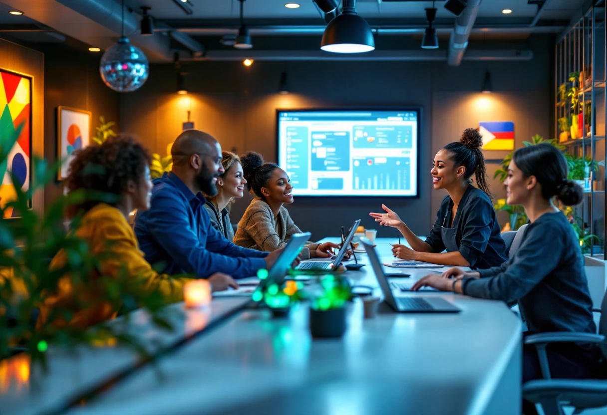 An engaging visual of a busy front desk with staff interacting positively with clients, emphasizing automation and communication technology.