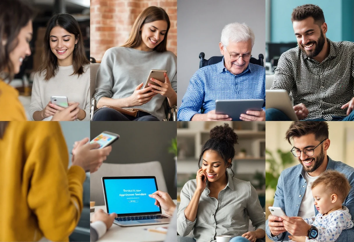 A diverse set of individuals receiving appointment reminders on various devices, showcasing how personalized engagement can happen across mediums.