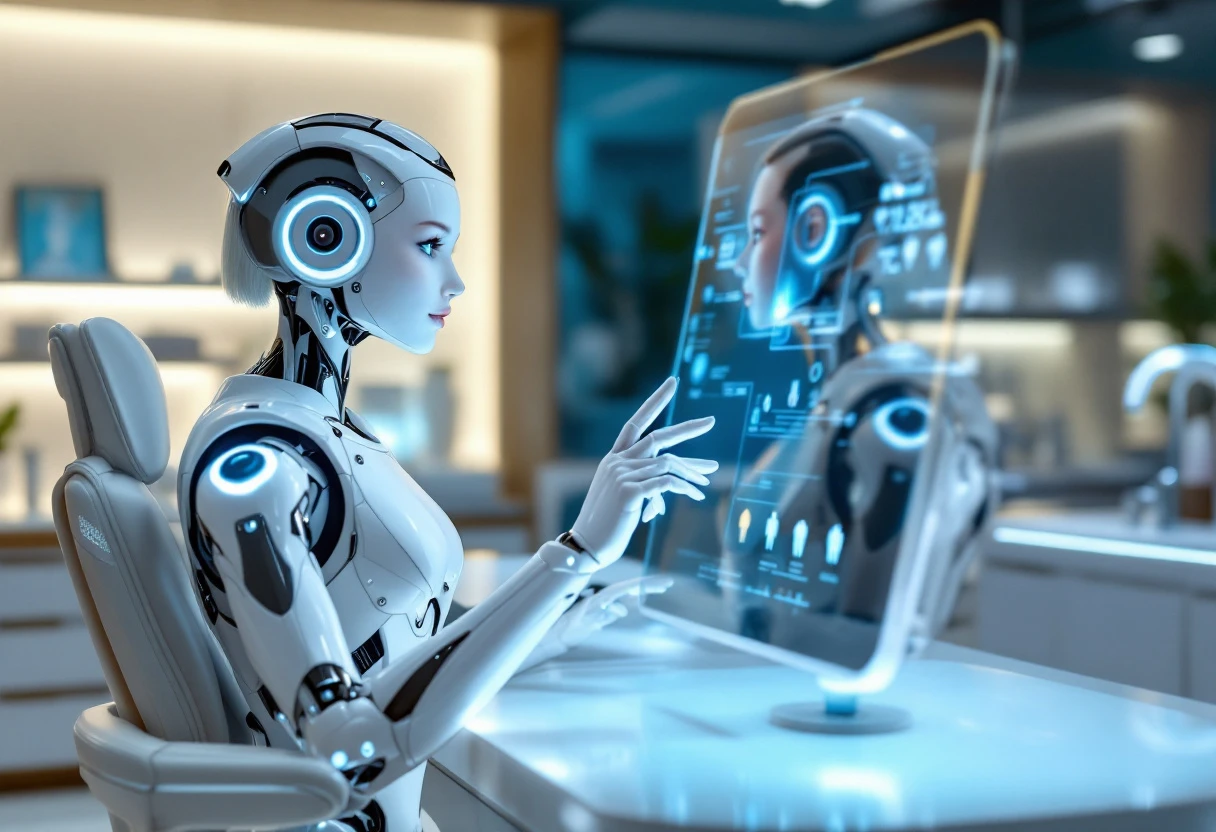 An AI receptionist in a modern dental office, engaging with a patient via a digital screen, showcasing the future of dental scheduling.