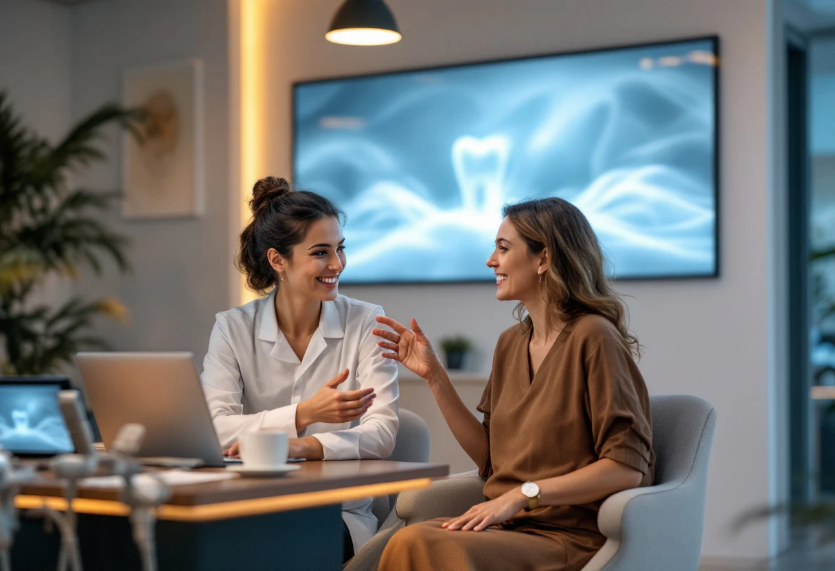 A dental office receptionist assisting a patient with booking via a digital interface, showcasing a blend of technology and personal interaction.