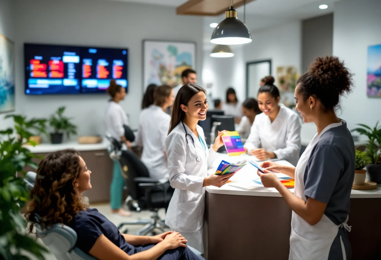 A busy dental office with digital scheduling displays in the background and staff engaging positively with patients.