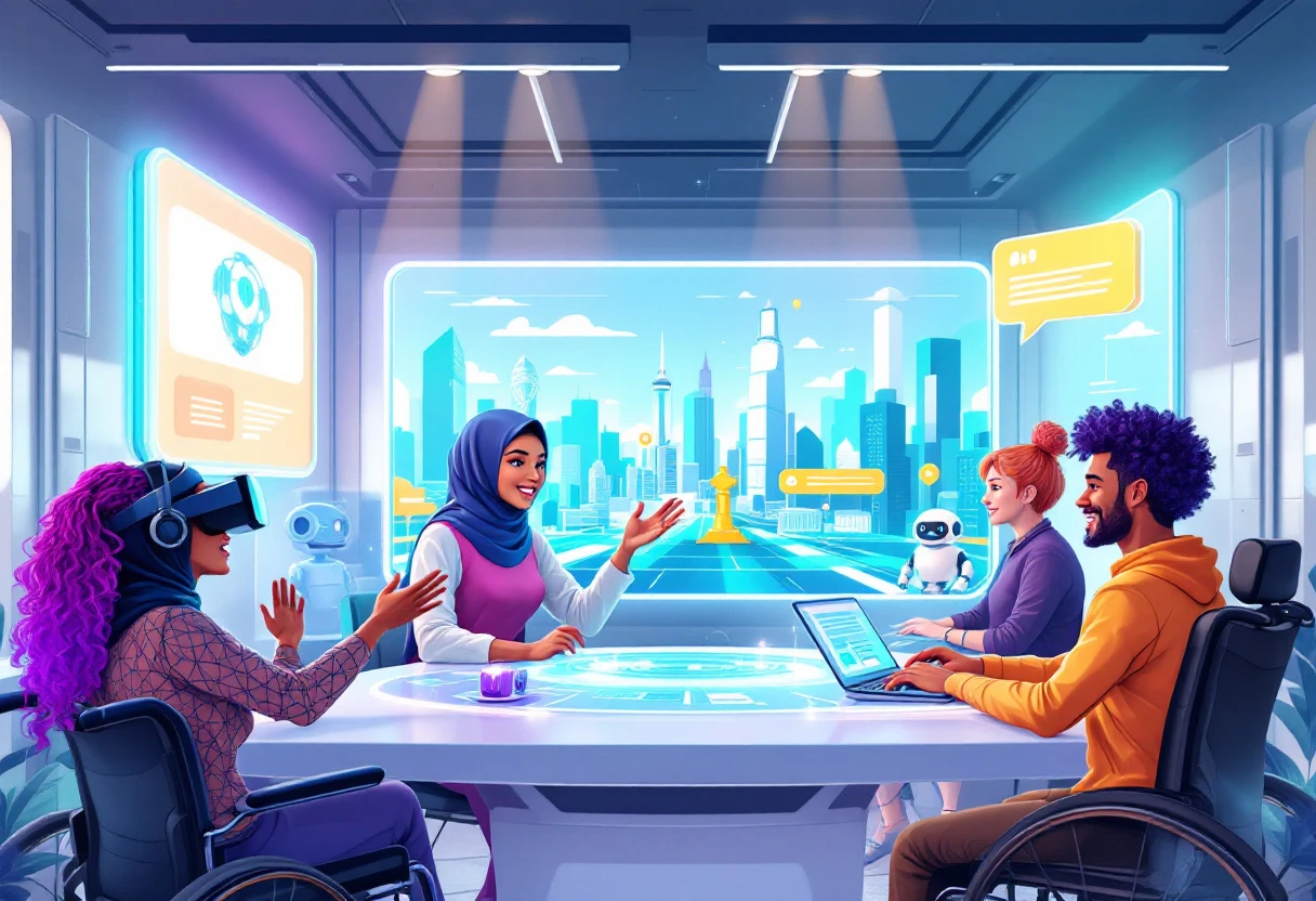 A creative visualization representing AI in recruitment, showing diverse candidates engaging with technology during the hiring process.