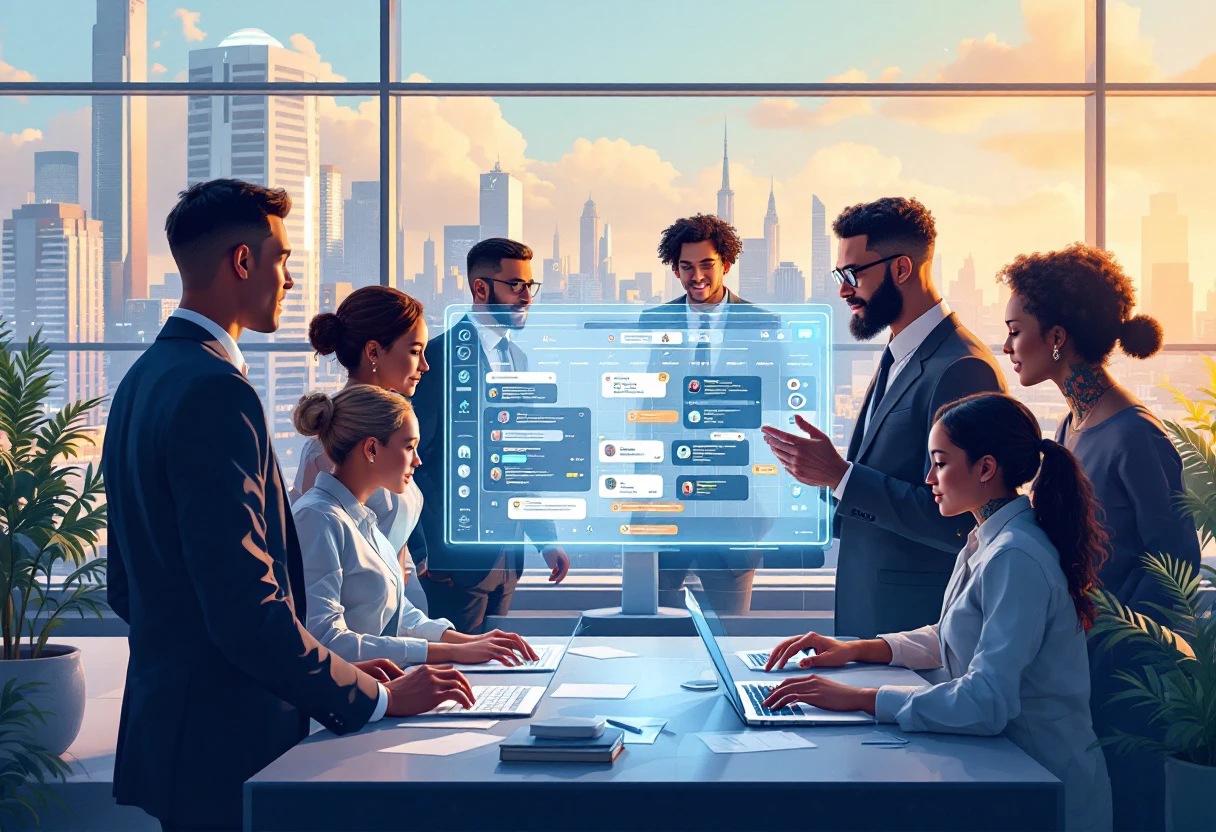 An imaginative digital illustration showing a diverse group of job applicants interacting with an AI interface, showcasing the convenience of automated scheduling and communication.