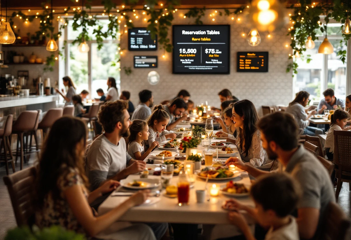 A modern, vibrant restaurant scene with families enjoying dinner, highlighting a busy dining environment complemented by digital reservation displays.