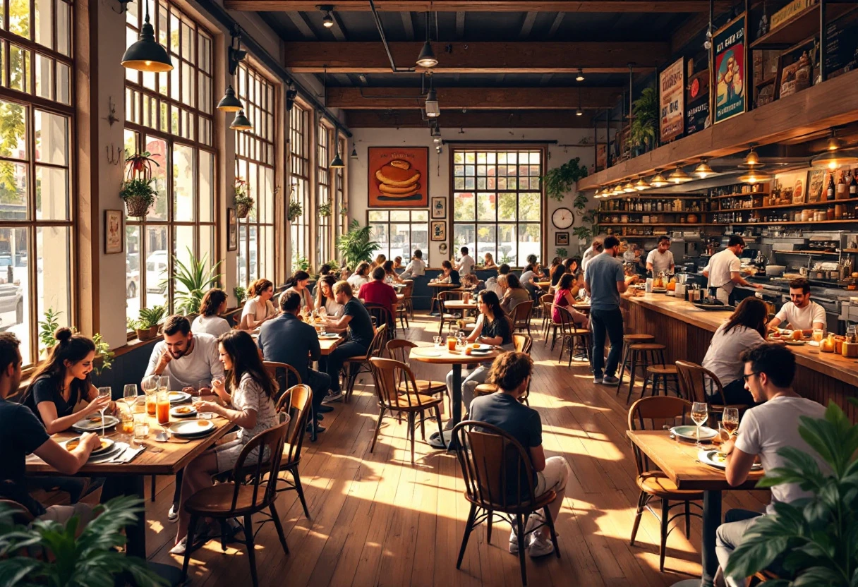 A vibrant restaurant setting showcasing satisfied customers dining, highlighting the casual atmosphere and inviting décor.
