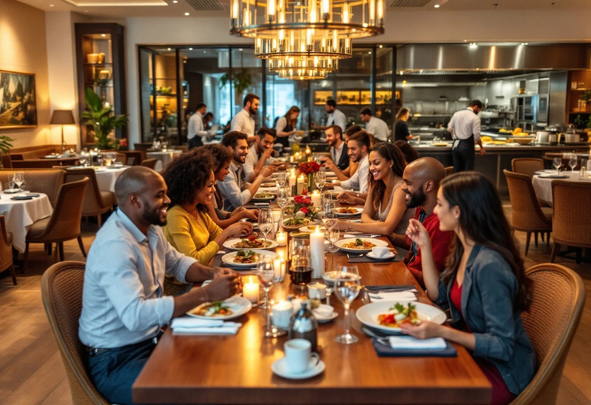A vibrant restaurant scene filled with happy diners enjoying their meals, highlighting an efficient service atmosphere.