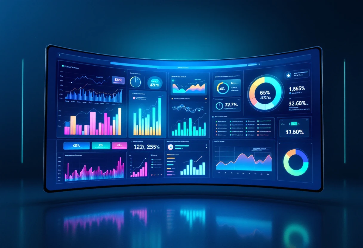 Visual representation of an AI-powered dashboard showing call analysis metrics, graphs of sales performance, and customer satisfaction scores.