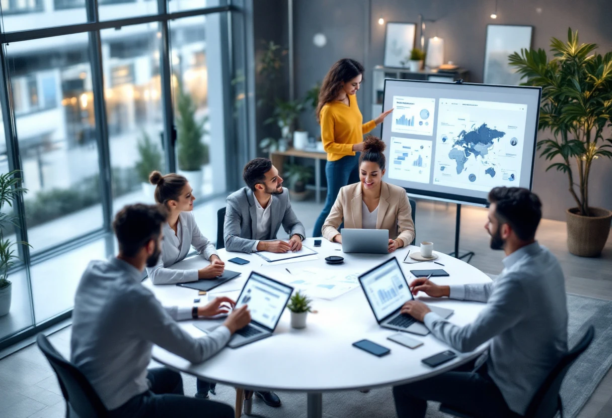 A vibrant team collaboration scene focused on sales representatives engaging with clients, highlighting personalization and attentive service using technology.