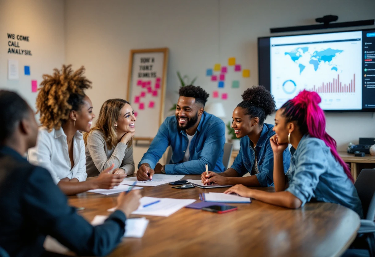 An engaging image of a sales team participating in a collaborative call analysis session, with charts and notepads around, emphasizing teamwork and learning.