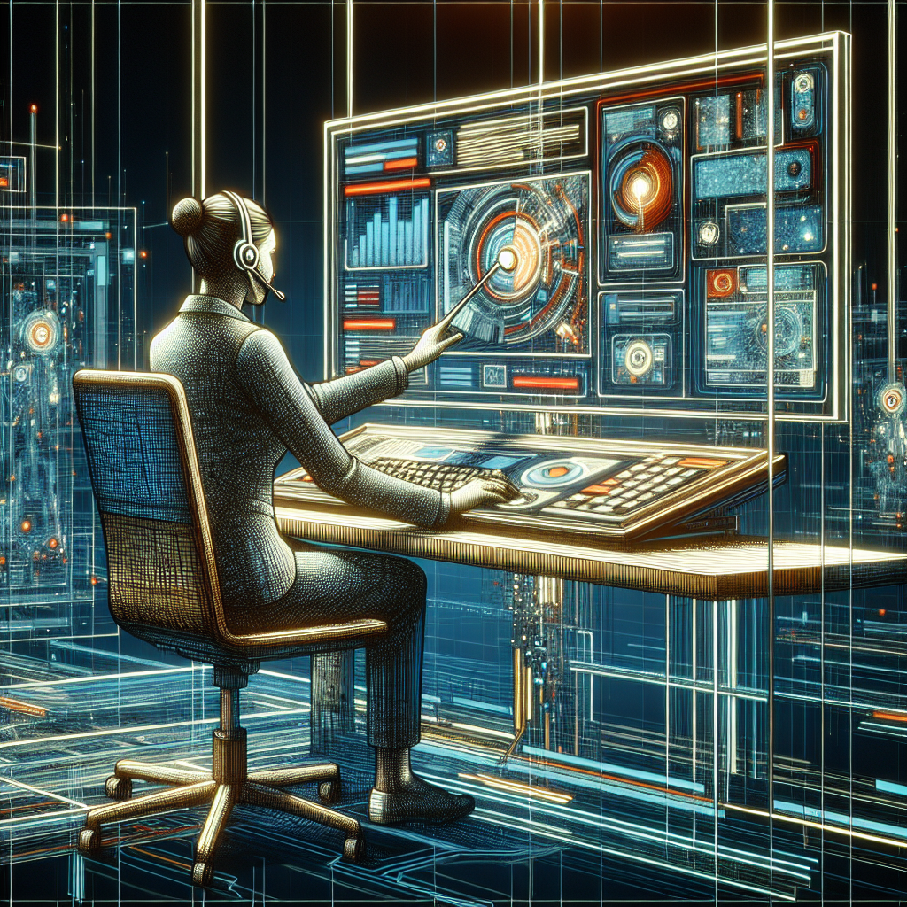 A dynamic office scene showing a professional managing calls using a computer and automated software, with customer data displayed on the screen.