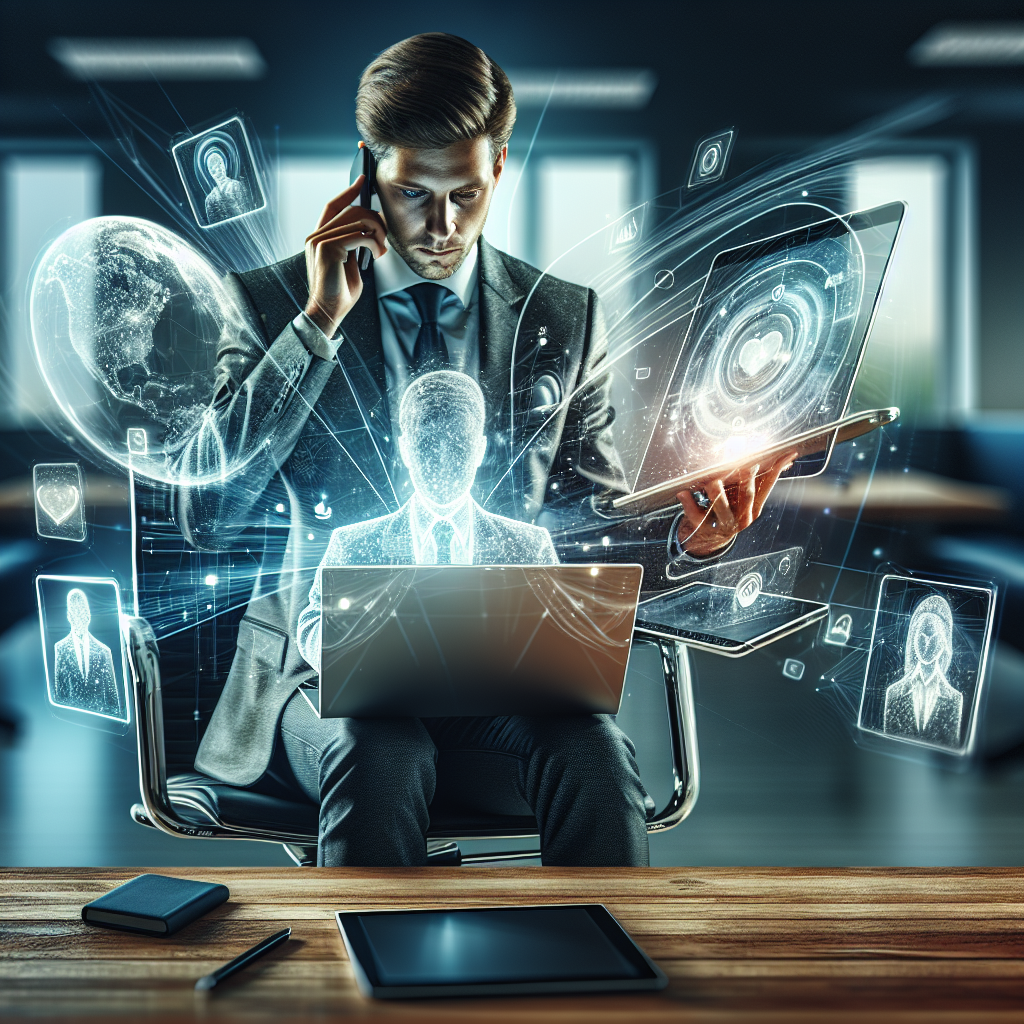 A vibrant illustration depicting a business professional managing calls through a laptop and tablet, emphasizing innovation without a physical phone.