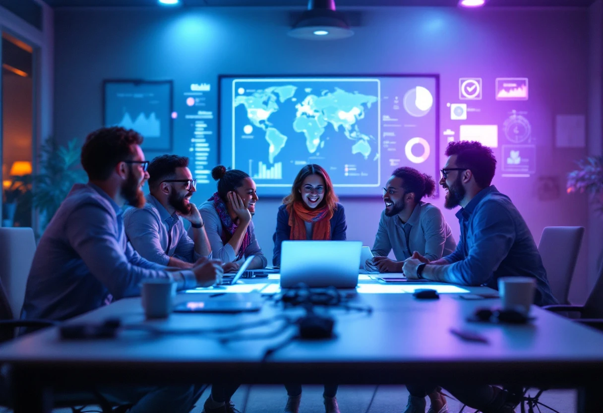 A dynamic office scene depicting a team collaborating over emergency call routing solutions with digital screens showing real-time data and notifications.