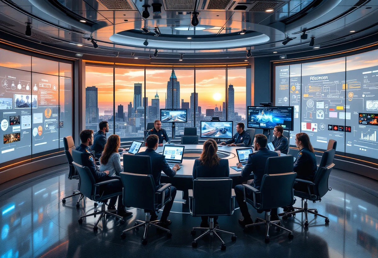 An image depicting a collaborative workspace between emergency services, showcasing multiple teams communicating effectively through technology.