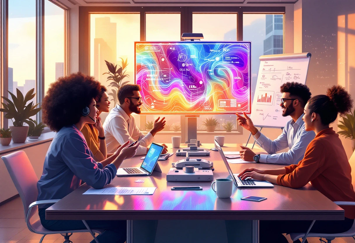 A vibrant illustration showing a team collaborating in a modern office, with digital elements visualizing AI analytics and call routing processes.
